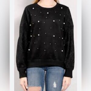 Lipslide Black Shirt With Colored Pearl Embellishments & Lace Sleeves Womens L